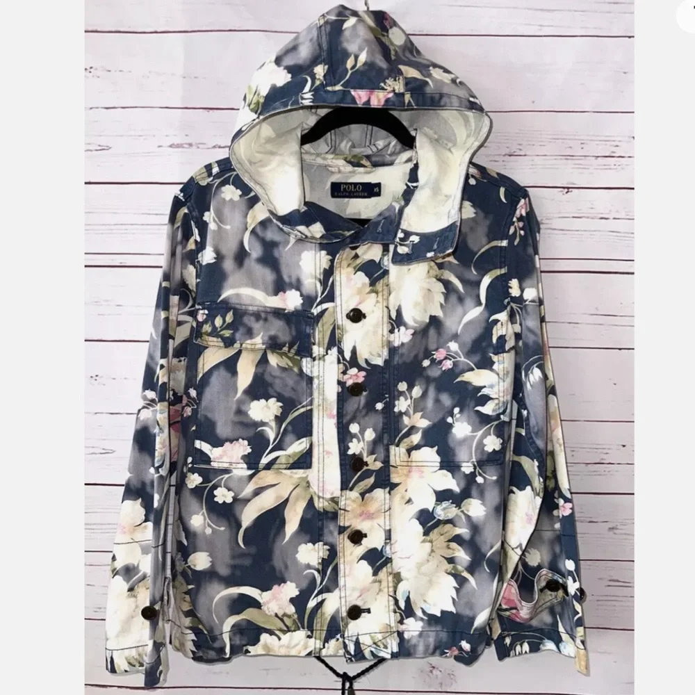 POLO RALPH LAUREN Floral Tie Dye Denim Hood Jacket Blue Oversized - Picture 2 of 3